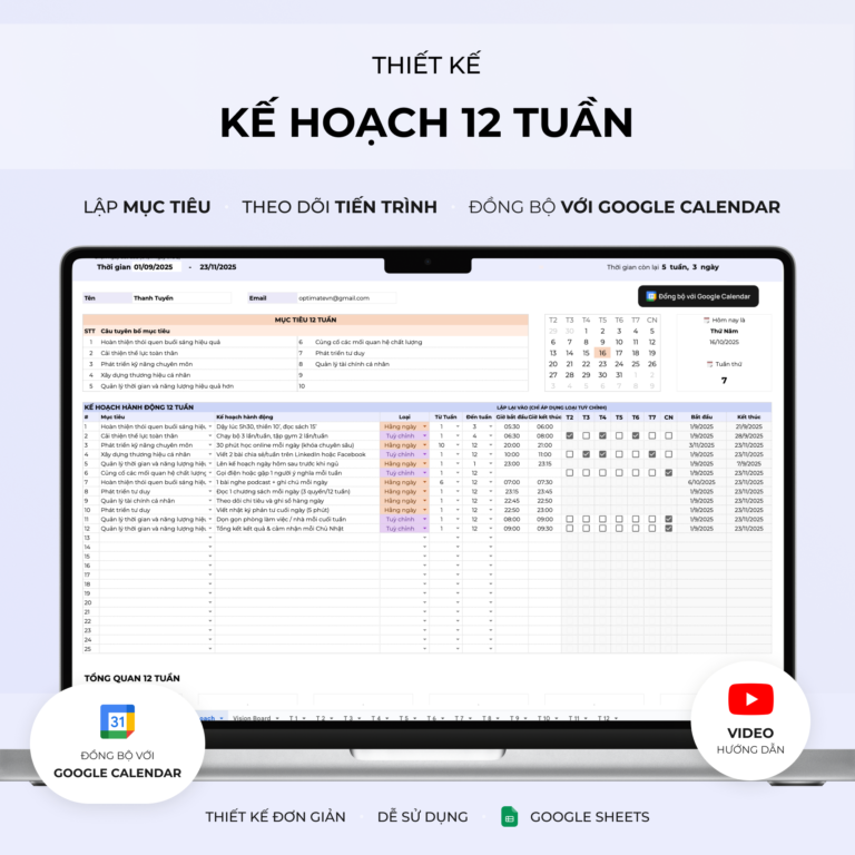 Thiết kế kế hoạch 12 tuần & Vision board - Spreadsheet Template