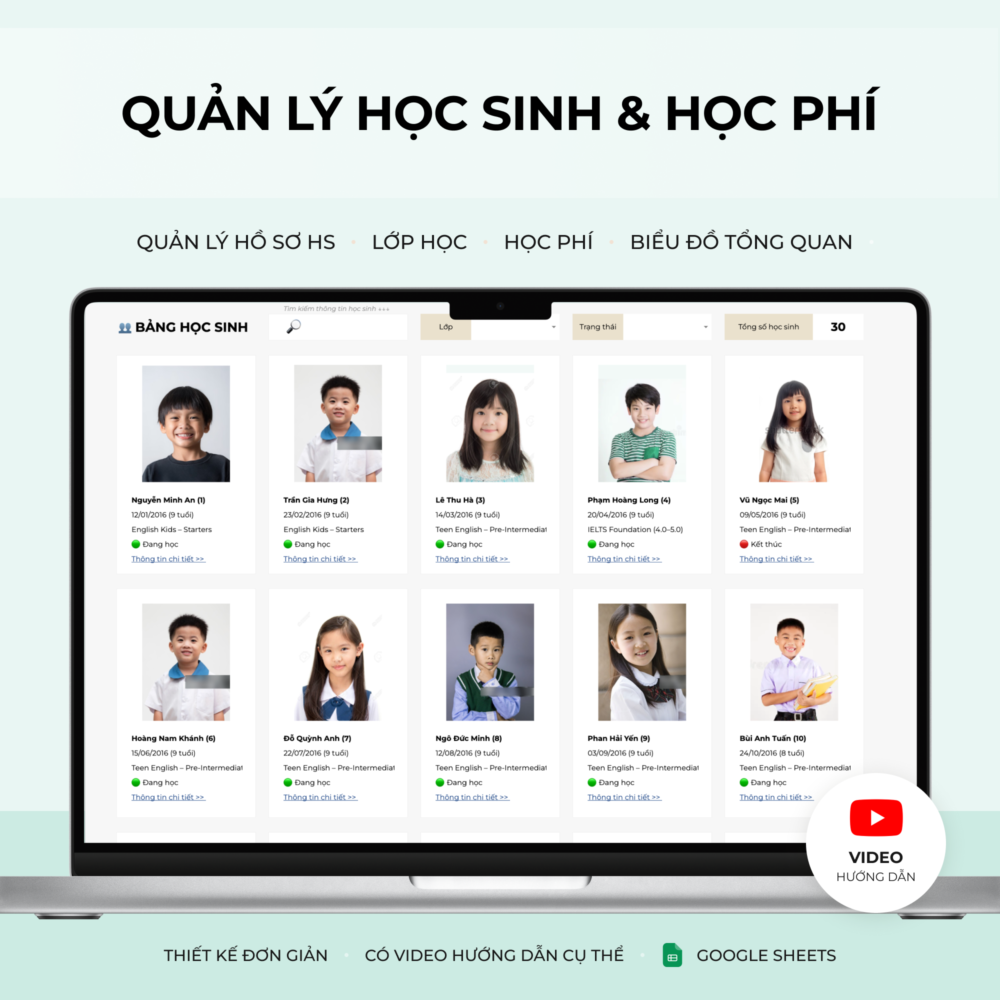 Quản lý lớp học, học sinh và học phí - Google sheets Template