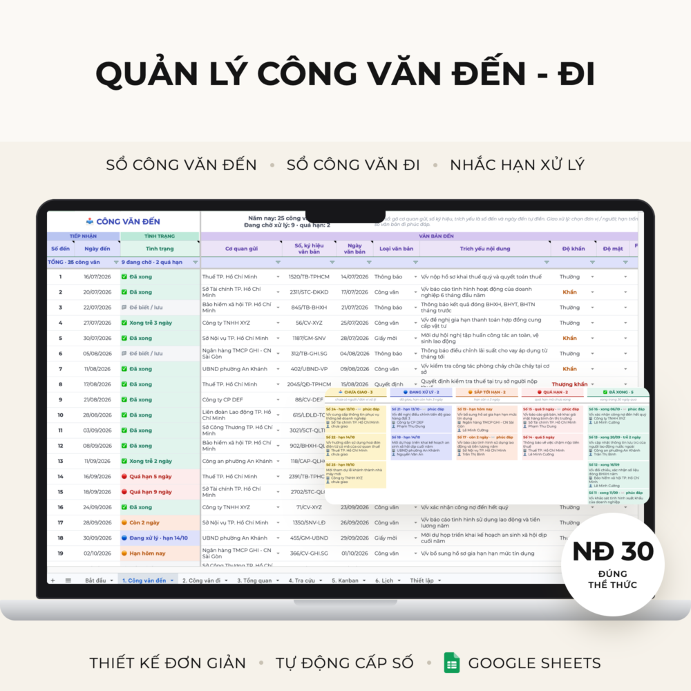 Quản lý công văn đến - đi Google Sheets Optimate