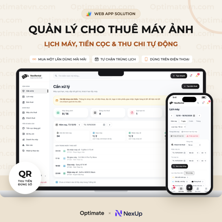 Quản lý cho thuê máy ảnh, lịch máy, tiền cọc và thu chi - Web App